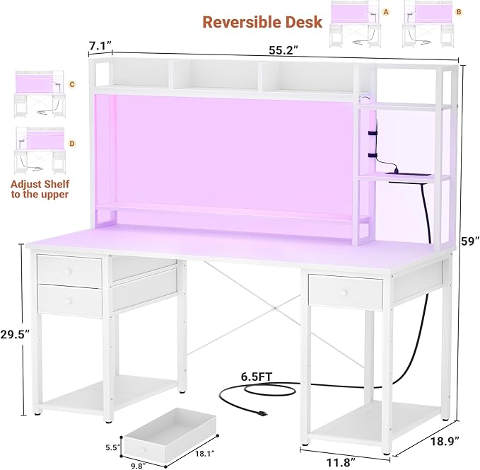 Aheaplus Desk with LED and Outlets, Gaming Desk with Hutch, 55.2'' Computer Desk with Drawers, Reversible Office Desk with Storage Bookshelf Large Workstation Desks with Shelf, Desk for Home, White