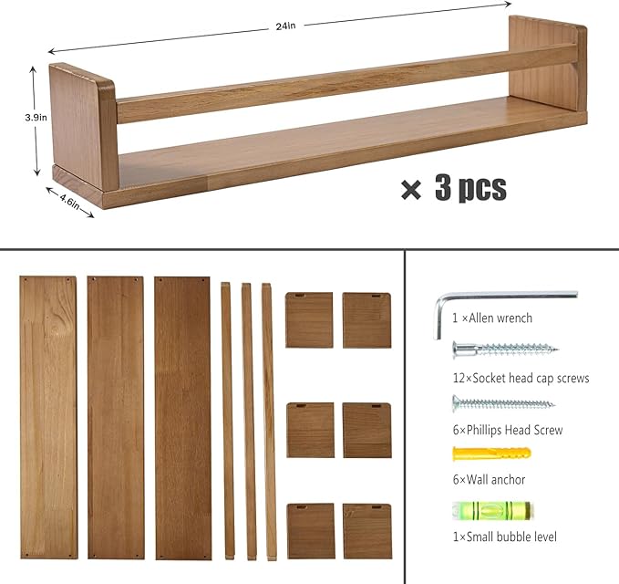 AZSKY Light Walnut Floating Shelves - Baby Nursery Decor Wall Book Shelves for Kids Room & Bathroom Decor - Set of 3, 24 Inch