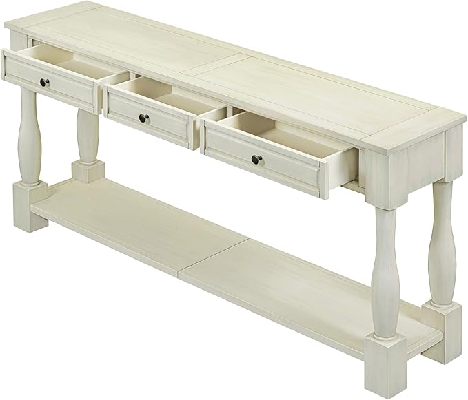 Merax LUMISOL 64 inch Long Console Sofa Table with 3 Drawers and Bottom Shelf, Hallway Table Entryway Table for Living Room, Easy Assembly (Antique White).