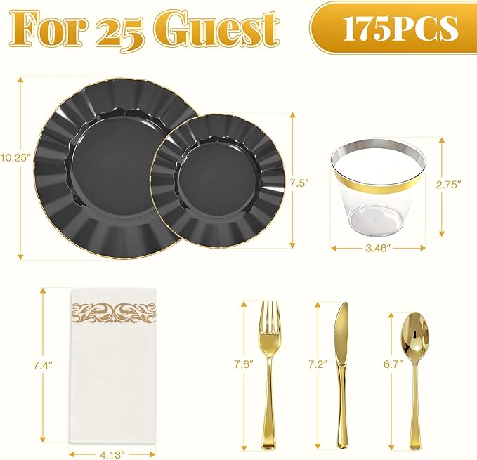 175 Plastic Dinnerware Set,Disposable Dinnerware Set for 25 Guests Include 50 Plastic Plates,25 Silverware Set,25 Cups and 25 Napkins for Thanksgiving Christmas,Party,Wedding（Black and Gold）