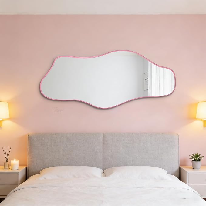 Large Irregular Mirror, 54.5"x24" Pink Asymmetrical Tempered Glass Mirror, Frameless Organic Shaped Mirrors for Entryway Hallway Bedroom Living Room, Horizontal or Vertical Hanging