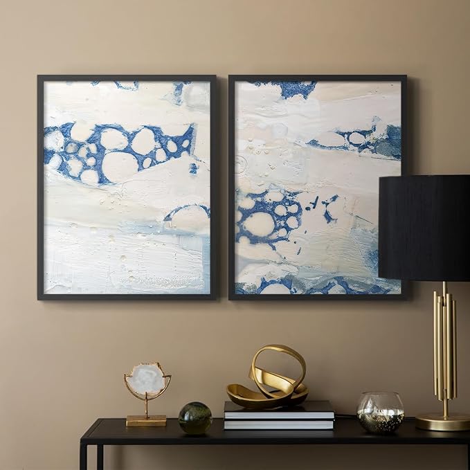 Renditions Gallery Set of 2 Peel & Stick Framed Prints, Textured Abstract Wall Art, Beach Themed Bubble Design Wall Decor, Re-Stickable - Ready to Hang - 8"x10" - Black Frame LT588