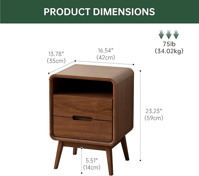Solid Wood Nightstand Set of 2, Walnut Night Stand with 2 Drawers and Open Storage, Bedside Table for Bedroom, Mid Century Modern Nightstands for Dorm