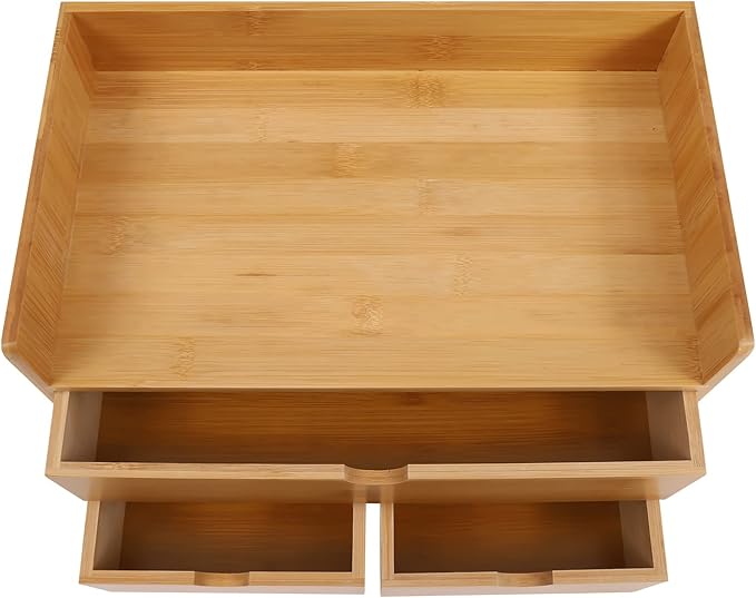 Bamboo Desk Organizer Small Retro Bamboo Tabletop Storage Box with Drawers& Recess Handles for Office Home Supplies Table Storage Collector 12 * 7.87 * 8.27in (3 Drawers/1 Top&2 Bottom)