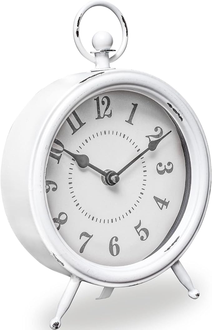 EMAX HOME Vintage Rustic White Table Clock on Stand, Decorative Desk & Shelf Clock, Rustic Mantel Farmhouse Non-Ticking
