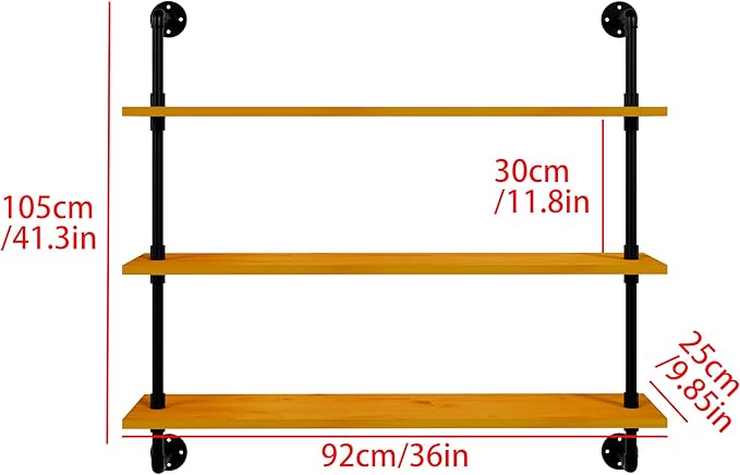 HDDFER Industrial Pipe Wall Shelves - 36" Rustic Natural Oak Solid Wood Shelf, 9.85" Deep Industrial Pipe Floating Shelving for Farmhouse Rustic Decor, Sturdy Storage for Books/Plants/Toiletries