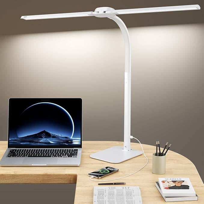 Desk Lamp with USB Charging Port for Home Office 24w Architect Remote Base Dual Task Led Light Modern 5 Color Modes Dimmable Adjustable Gooseneck Double Head Reading Drafting Eye Caring Tall Lamps