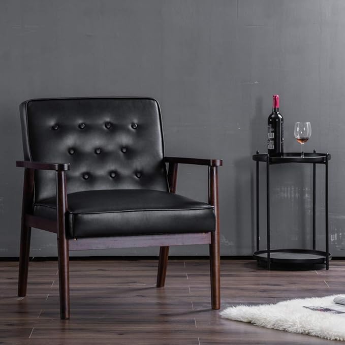 JIASTING Mid-Century Retro Modern Solid Wood Armrest Accent Chair, Faux Leather Tufted Back Upholstered Lounge Chairs, Living Room Furniture (Black 8325)