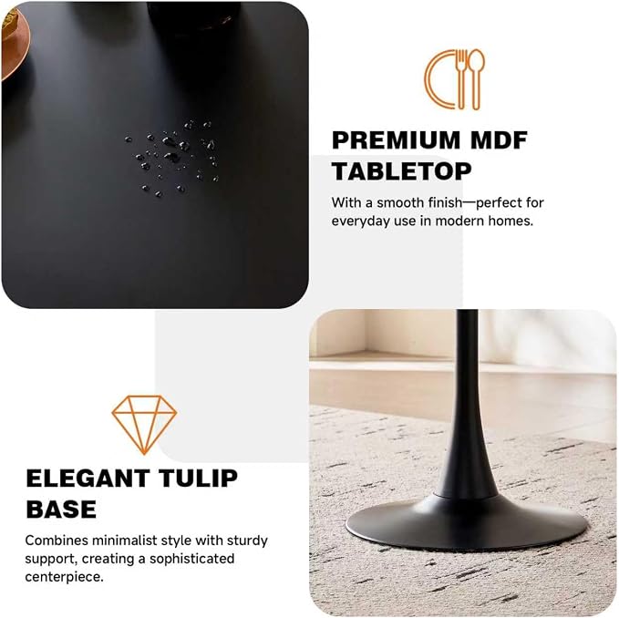 31.5" Round Dining Table for 4 Modern Circle Tulip Table with Metal Tulip Pedestal Base for Kitchen Dining Living Room Apartment Small Space Cafe, Black