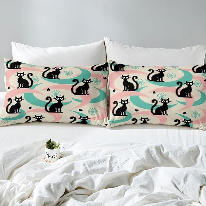Erosebridal Mid Century Cat Bedding Set Twin Cute Cartoon Cat Duvet Cover Boho Abstract Geometric Comforter Cover for Kids Girls Boys Adults Retro Groovy Animal Bed Set