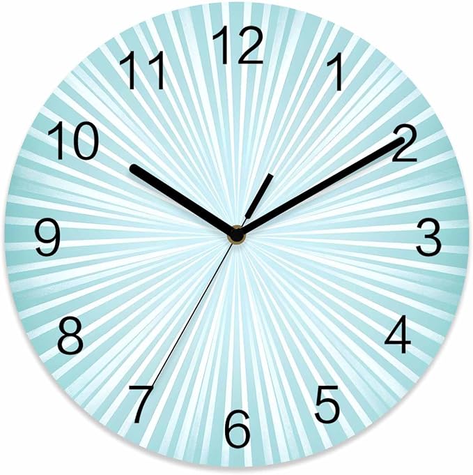 Abstract Wall Clock Battery Operated Non-Ticking 10" Round Wood Clocks, Sunburst Rays Light Blue Kitchen Wall Clock for School Bathroom Living Room Home Office Wall Decor