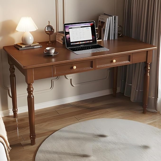 Small Computer Desk with 2 Drawers, Mid Century Modern Writing Desk, Vintage Wooden Vanity Table, Simple Study Work Table for Living Room, Bedroom, Office(Brown,100cm/39.4in)