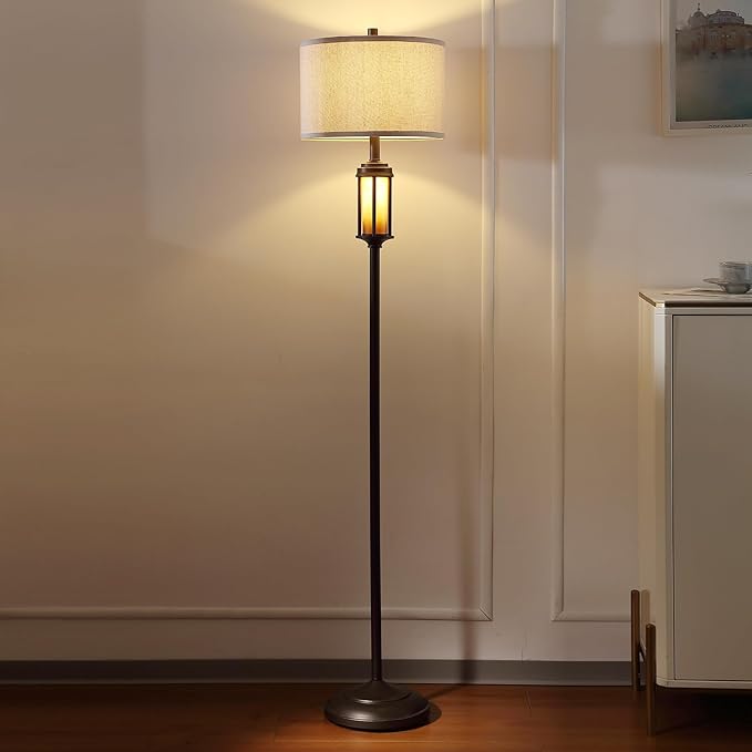 65'' Farmhouse Floor Lamp for Living Room Bedroom with 2 Light Sources, Rustic Vintage Tall Standing Lamp with Amber Nightlight for Home Office Corner, Bulbs Included
