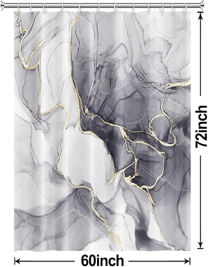 Grey Shower Curtain, Ombre Light Grey Marble Shower Curtain Set Modern Aesthetic Gray Ink Texture Waterproof Bathroom Curtain with Hooks, 60x72 Inch
