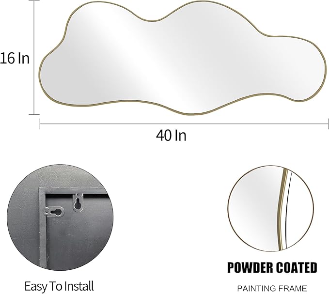 POZINO Irregular Wall Mirror, 39.3"x16" Asymmetrical Mirrors, Cloud Shaped Mirror, Gold Modern Abstract Mirrors for Bathroom Living Room Bedroom Entryway Hallway