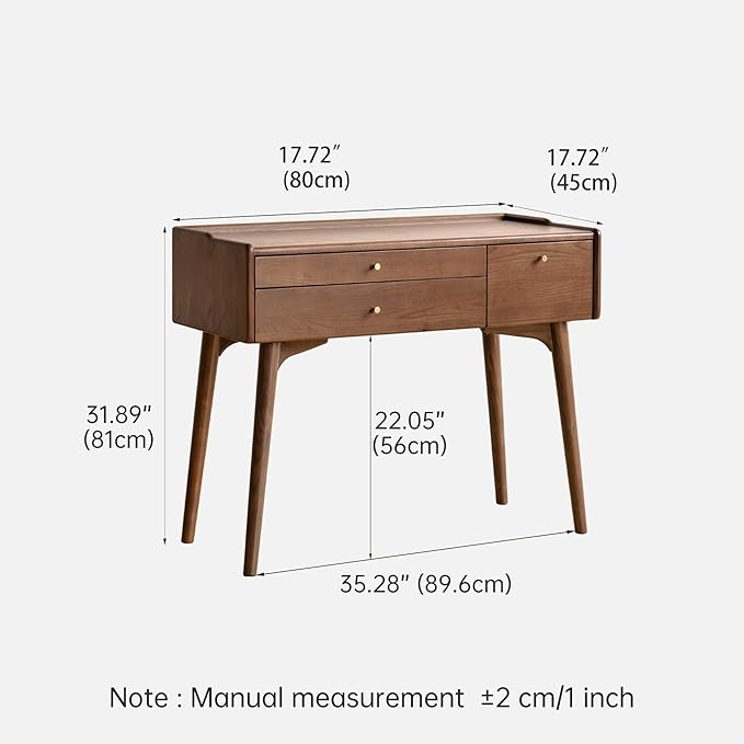 Small Vanity Desk, Solid Wood Dressing Table with Drawer Divider, Study Desk and Vanity Desk for Bedroom, Walnut Color, 18" D x 31" W x 32" H