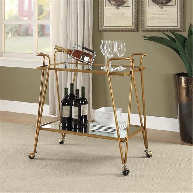 Pemberly Row Mid-Century Mirrored Bar Cart, Gold Finish, Iron and Mirror Construction, 30" W x 17.38" D x 31.75" H, Castors for Easy Mobility, Versatile Storage for Home or Entertaining Spaces