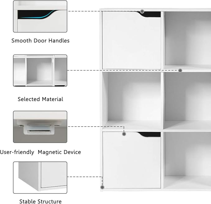 Giantex 9-Cube Storage Organizer, Storage Cabinet with 4 Open Cubes and 5 Cabinets, Freestanding Wooden Cubby Bookcase, Compartment Units for Home Office, 3-Tier Bookshelf for Books