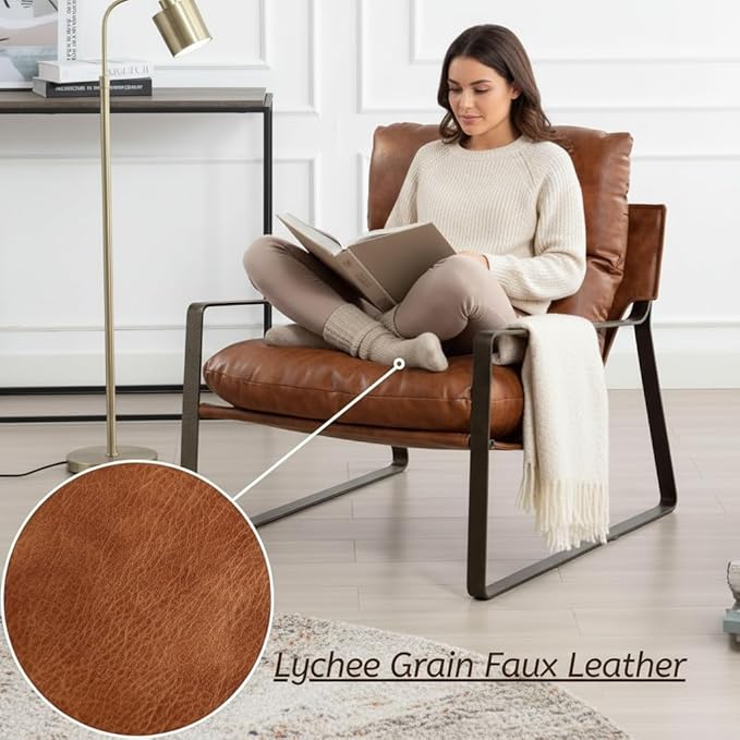 LukeAlon Modern PU Leather Accent Armchair, Upholstered Lounge Chair with Brass Metal Frame Thickened Cushion Comfy Leisure Chair with Lychee Grain for Bedroom Living Room, Brown