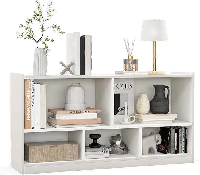 DORTALA 2-Tier Bookcase, 5 Cube Wood Storage Cube Bookshelf, Floor Standing Display Storage Shelf with Non-Slip Foot Pads, Storage Organizer Bookcase for Home Office, Living Room (White)