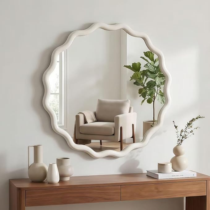 24 Inch Wooden Wavy Round Wall Mirror, Modern Solid Wood Frame Circle Decorative Accent Mirror for Bedroom, Bathroom, Living Room, Entryway, White