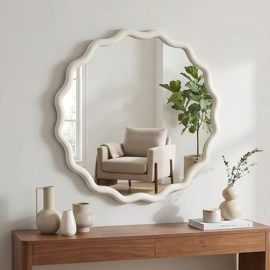 24 Inch Wooden Wavy Round Wall Mirror, Modern Solid Wood Frame Circle Decorative Accent Mirror for Bedroom, Bathroom, Living Room, Entryway, White