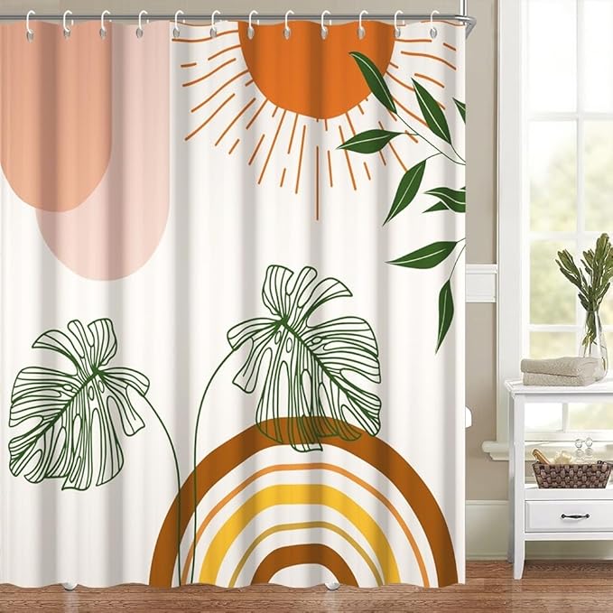 Mid Century Boho Shower Curtain for Bathroom Green Leaves Red Sun Arch Stripes Shower Curtains Modern Bohemian Abstract Bathroom Decor Set Washable Waterproof Polyester Fabric with Hooks 72x72 Inch