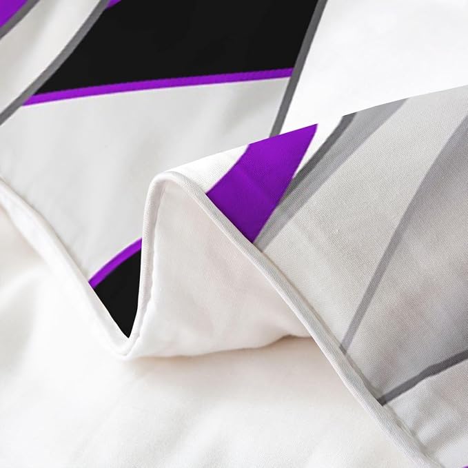 Erosebridal Modern Geometric Bedding Set Queen Purple and Grey Striped 100% Cotton Duvet Cover Geometric Simple Pattern Comforter Cover for Kids Teens Adults Waves Art Stripes Bed Set 3 Pcs