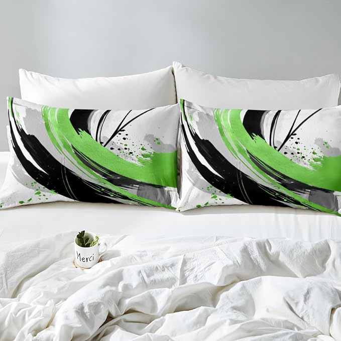 Erosebridal Black and Green Kids Bedding | Modern Geometric Striped Duvet Cover for Boys Girls Boho Contemporary Watercolor Graffiti Bed Set Minimalist Aesthetic Art Bed Cover King 3Pcs