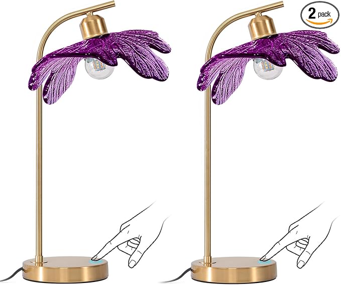 Touch Control Table Lamp, Mid Century Modern Gold Nightstand Lamp, 18.9-inch Vintage Purple Glass Table Light for Bedroom, Living Room, Farmhouse End Table, Set of 2
