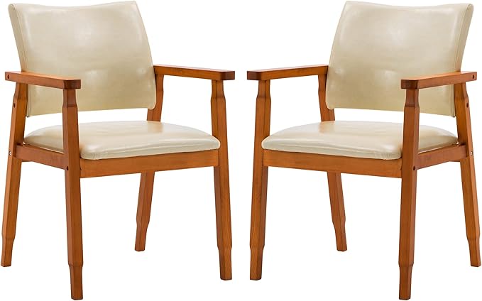 NOBPEINT Mid-Century Dining Side Chair with Faux Leather Seat in Tan, Arm Chair in Walnut,Set of 2