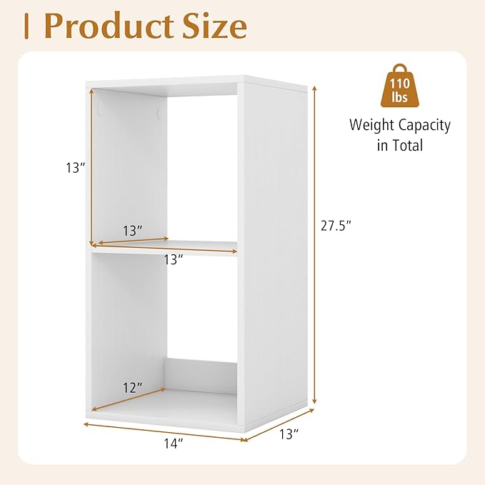 Tangkula 2-Cube Bookcase, 3-Tier Bookshelf with Open Compartments, Freestanding Cube Storage Organizer with Anti-Toppling Kits, Modern Display Shelf for Living Room, Study (1, White, 2-Cube)
