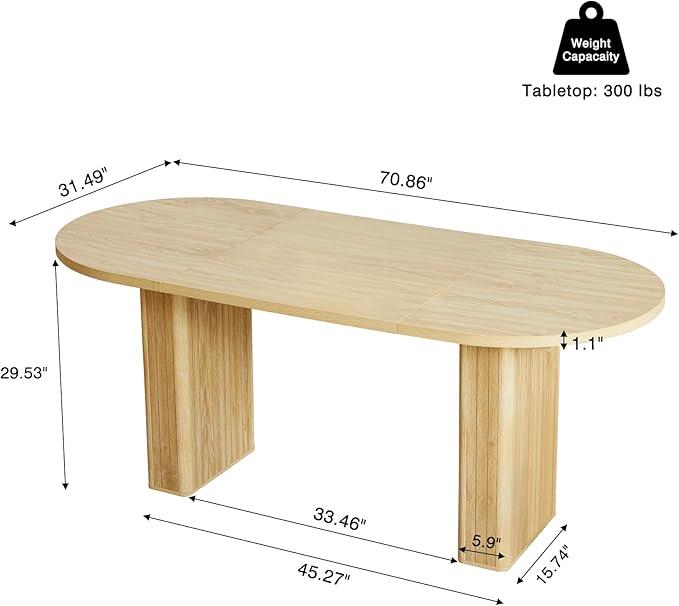 70.8 Inch Kitchen Dining Table for 4-6 People, Oval Kitchen Table with Wood Strip Base, Modern Farmhouse Large Round Dining Room Tables for Living Room (Natural)