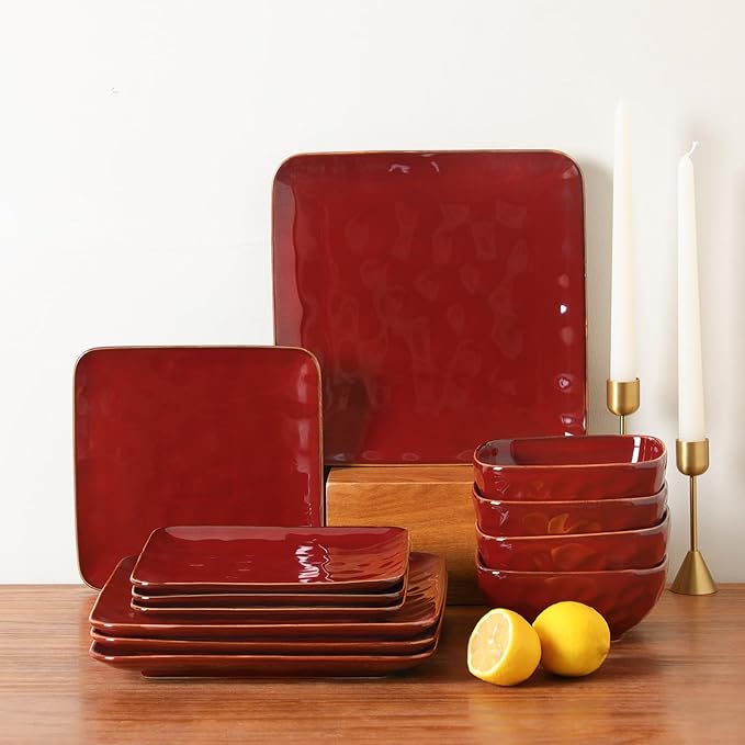 vicrays Ceramic Square 12 Pieces Dinnerware Set - Dinner Plates Salad Plates Cereal Bowls Set Service for 4 - Scratch Resistant Microwave Oven Dishwasher Safe - Cherry Red