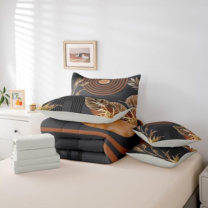 Erosebridal Boho Vintage Bed in A Bag 7 Pcs Mid Century Aesthetic Comforter Set for Women Men Retro Tropical Abstract Bedding Sets King Minimalist Simple Arch Sun Plant Sheet Set with Comforter