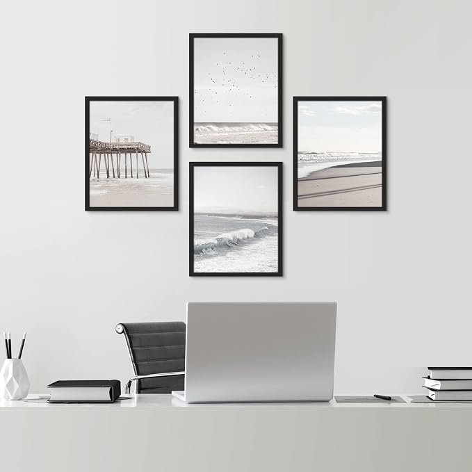SIGNWIN Framed White Minimalist California Ocean Beach Seashore Pier Wall Art, Set of 4 Landscape Colorful Wall Decor Prints, Nature Wilderness Wall Décor for Living Room, Bedroom - 11"x14" Black