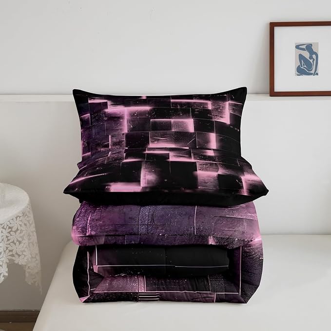 Pink and Black Bedding King 3D Glowing Buffalo King Comforter Set, Modern Abstract Art Bedding Comforter Sets Geometric Plaid Duvet Insert, Gradient Futuristic Cubes Down Comforter (Black Reversible)