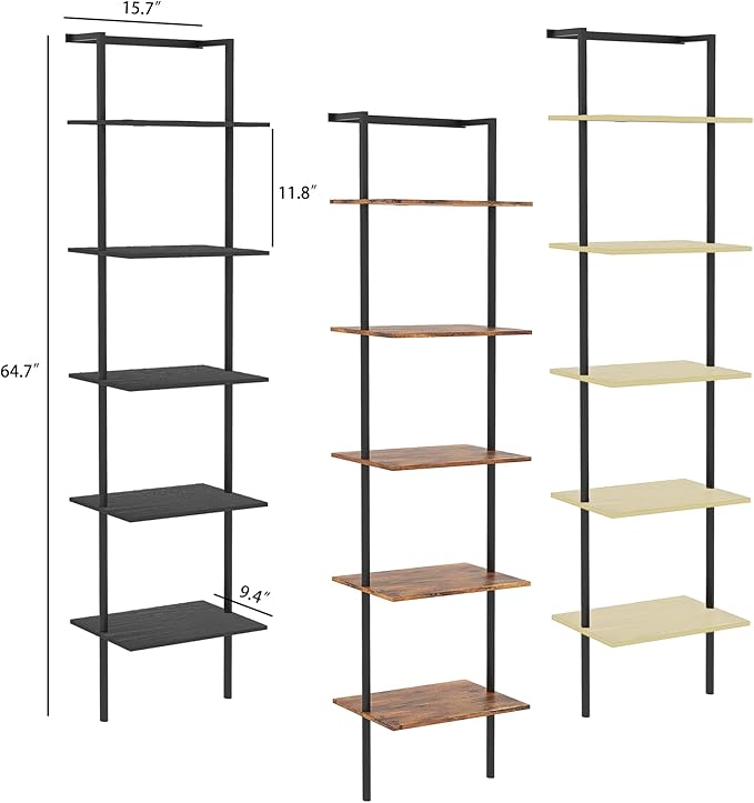 5-Tier Ladder Shelf, Wall Mounted Ladder Bookshelf with Metal Frame, Wood Tall Open Storage Rack and Display Shelves for Home Office Bedroom Living Room, Black