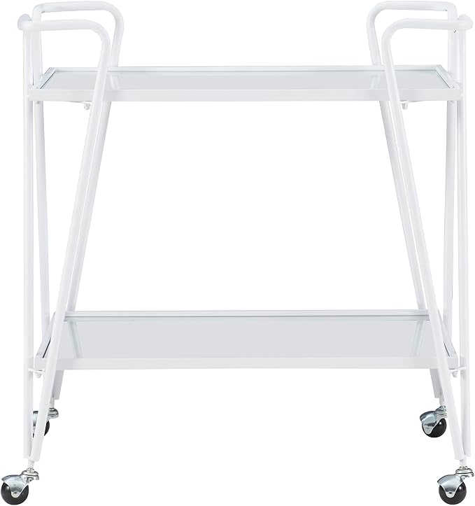 Linon Gina White Mid-Century Bar Cart with Mirrored Shelves and Locking Wheels