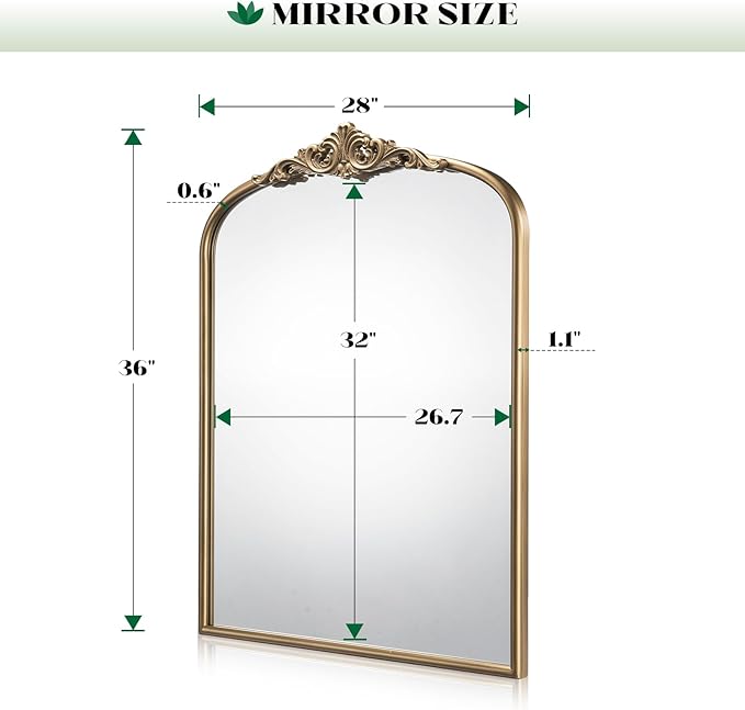 Arched Antique Gold Wall Mirror, 28"x36" Vintage Bathroom Mirror Over Sink, Ornate Arched Brass Wall Mirror for Fireplace, Living Room, Entryway, Bedroom, Hanging or Leaning