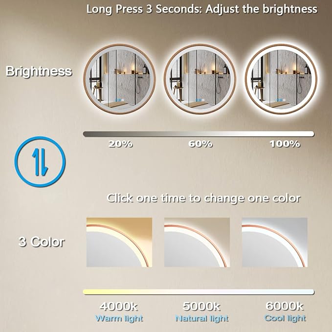 30 Inch Bathroom Round Wood LED Mirror with Wood Frame Round Lighted Vanity Mirror with Lights 3 Color Dimmable Anti Fog 30" Wood Circle LED Mirror for Bathroom Wall Round Smart Light up Mirror
