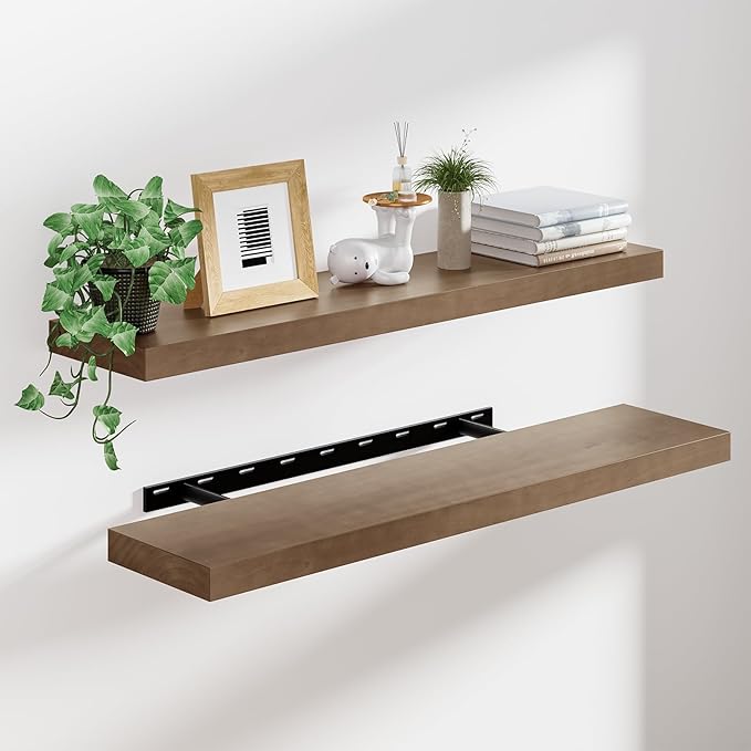 Heimlove 36 Inch Floating Shelves for Wall Walnut Shelves Set of 2,Wall Mounted Rustic Wood 8 Inch Deep Floating Shelf with Invisible Brackets for Bedroom Kitchen Living Room