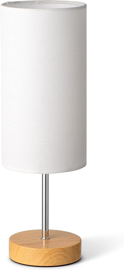 Small Table Lamp for Night Stands, Round White Fabric Shade and Wood Base, Modern Minimalist Bedside Lamps for Bedroom Dresser, Living Room, Dffice Desk, College Rorm, Warm Light, 5W LED Bulb Included