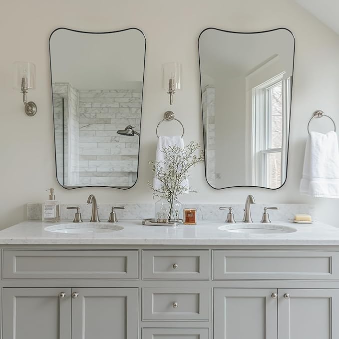 ANDY STAR Scalloped Bathroom Mirror, 24x40’’ Brushed Nickel Frame Mirror, Silver Bathroom Vanity Mirror, Modern Scalloped Edge Design in Rust-Proof Stainless Steel 1” Frame
