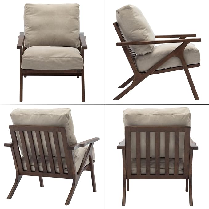 chairus Mid-Century Modern Accent Chair with Ottoman, Comfy Upholstered Lounge Armchair with Removable Cushions & Solid Wood Frame, Reading Chair for Living Room Bedroom Office, Beige Denim Fabric