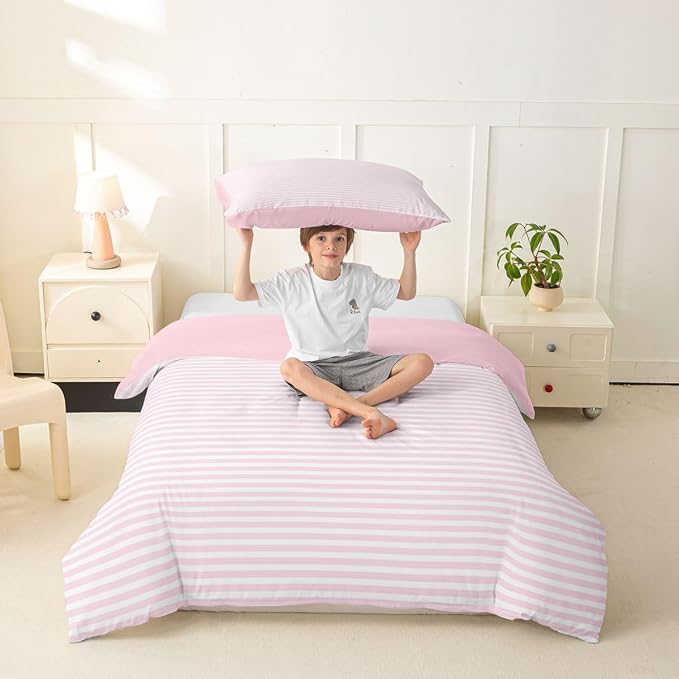 Erosebridal Pink White Stripe Toddler Duvet Cover Geometric Ticking Stripes Bedding Set for Kids Teens Farmhouse Vertical Stripes Comforter Cover Modern Abstract Bed Set, 1 Pillowcase