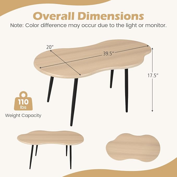 Giantex Small Coffee Table, 39.5" Cloud Center Table with Metal Frame, Unique Irregular Accent Cocktail Tea Table, Modern Wood Coffee Table for Living Room, Small Spaces (Natural)