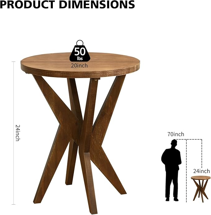 Farmhouse Round End Table Set of 2 with MDF Top and Crossed Legs, Mid Century Modern Side Table Small Accent Table for Small Space Stable Nightstand for Living Room, Natural Wood