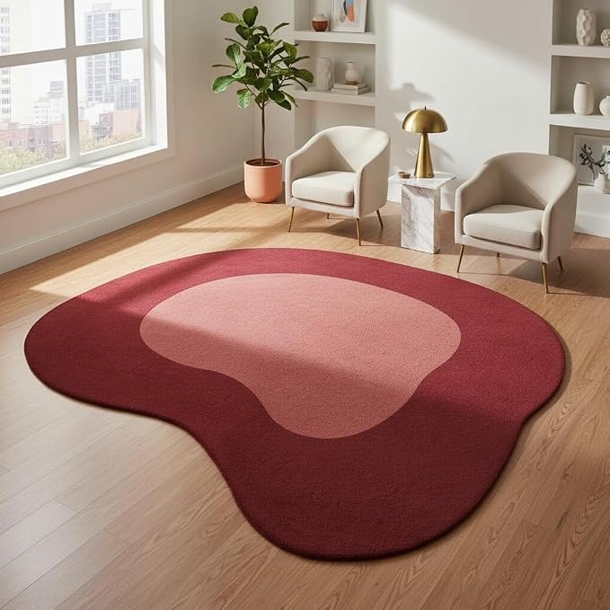 Modern Abstract Shaped Rug 9ft Burgundy Red Irregular Area Rug for Diningroom Living Room Bedroom Office Non Shedding Washable Indoor Carpet Stain Resistant Anti Slip Under Dining Table Floor Cover