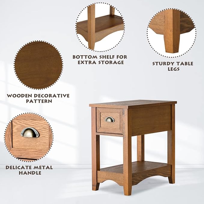 KOTEK End Table with Drawer and Open Shelf, Retro Narrow Side Table Nightstand w/Solid Wood Legs, Slim End Table for Small Space, Living Room, Bedroom, Home Office (Tawny)
